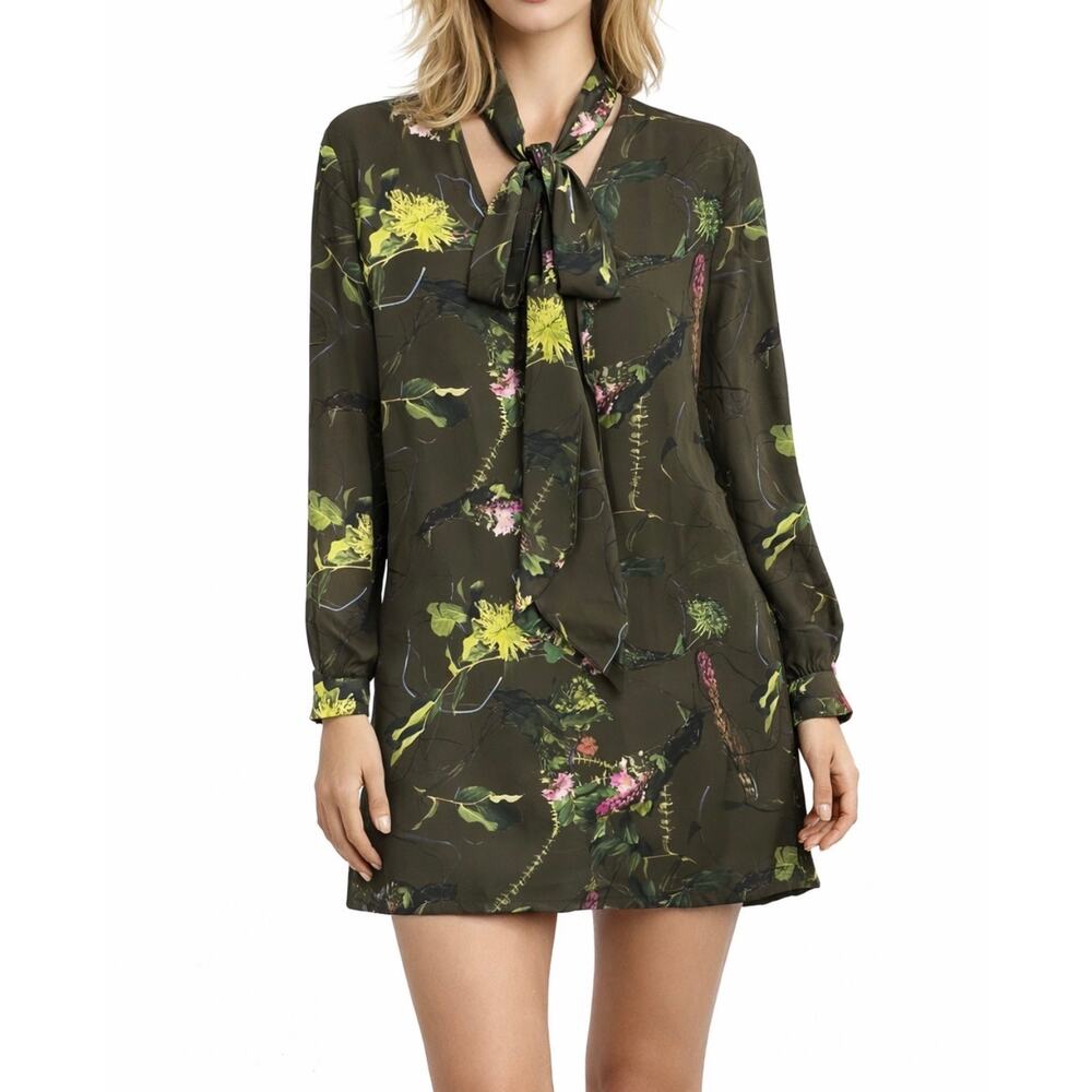 Babaton Tunic Mini Dress S Green Floral Tie Neck Pockets Fairy Grunge Whimsy